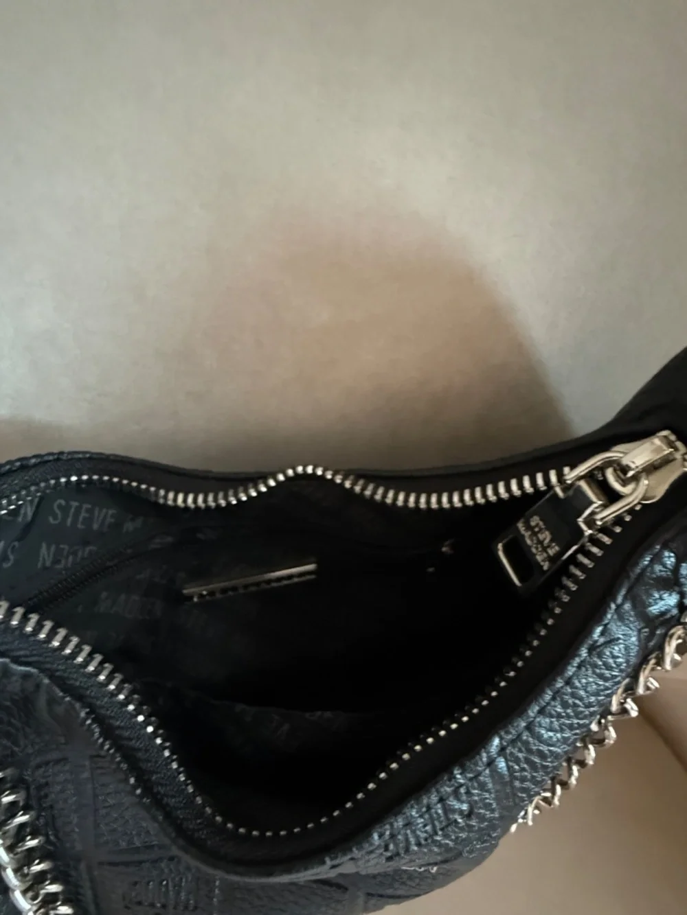 Share Steve Madden Black Shoulder Bag Embossed Logo Chain Strap Hobo Purse